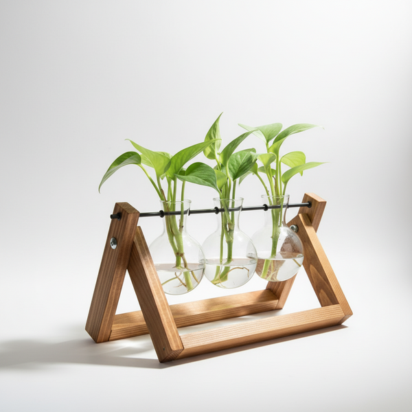 Hydroponic Glass Bulb Vase with Wooden Stand for Home Office Decor