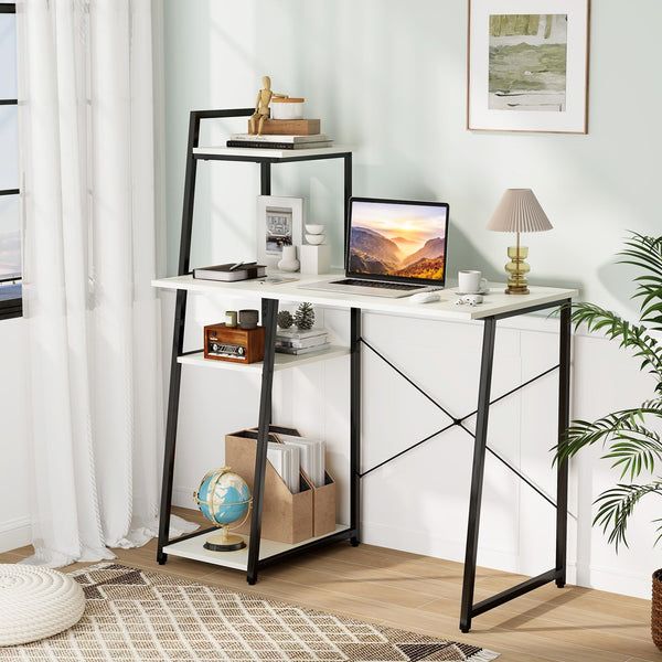 Compact Computer Desk with 4-Tier Shelves – White
