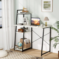 Compact Computer Desk with 4-Tier Shelves – White