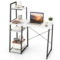 Compact Computer Desk with 4-Tier Shelves – White