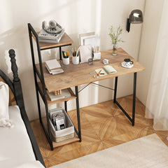 Compact Computer Desk with 4-Tier Shelves – Natural