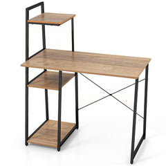 Compact Computer Desk with 4-Tier Shelves – Natural