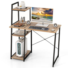 Compact Computer Desk with 4-Tier Shelves – Natural
