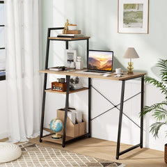 Compact Computer Desk with 4-Tier Shelves – Natural