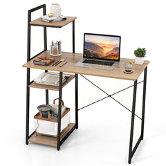 Compact Computer Desk with 4-Tier Shelves – Natural