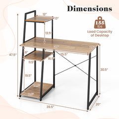 Compact Computer Desk with 4-Tier Shelves – Natural