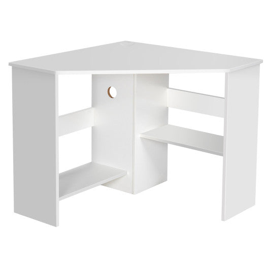 Corner Triangle Computer Desk with Storage Shelf – White