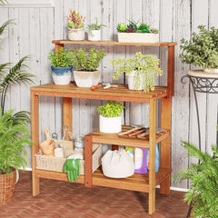 Outdoor Wooden Garden Potting Workstation with Open Shelves