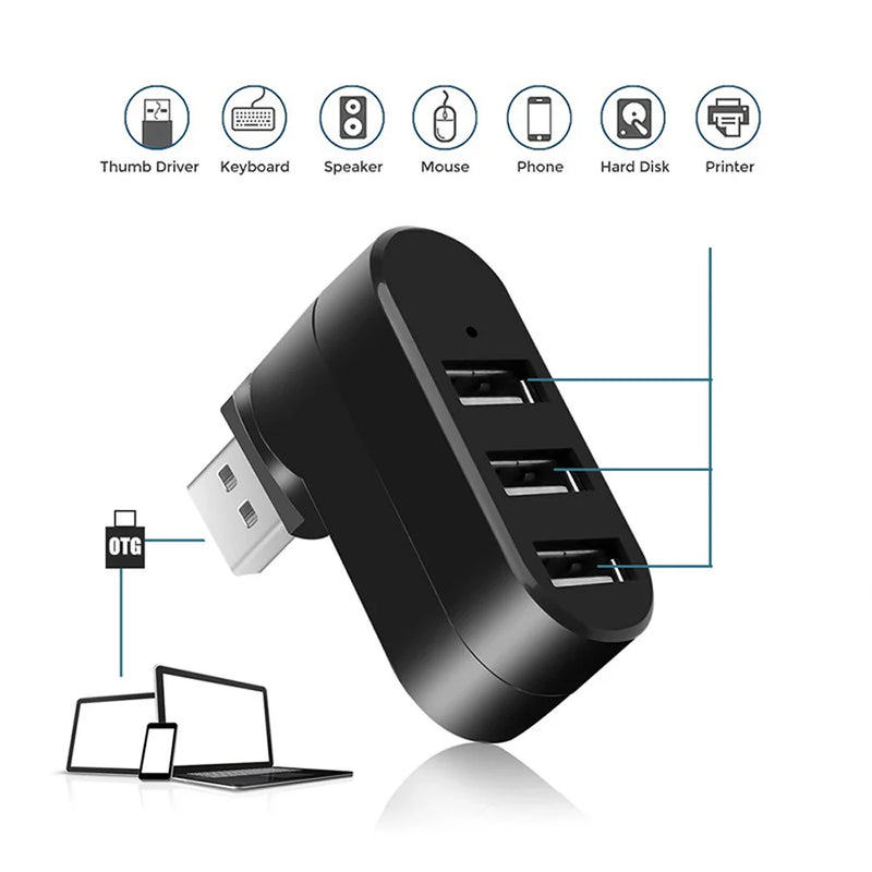 3-Port USB 2.0 Mini Rotating Hub Adapter