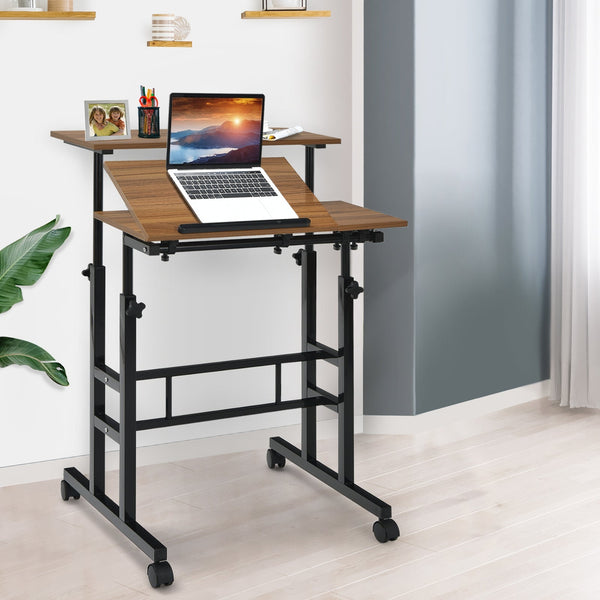 Adjustable Mobile Standing Desk with Tilting Top – Walnut