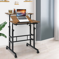 Adjustable Mobile Standing Desk with Tilting Top – Walnut